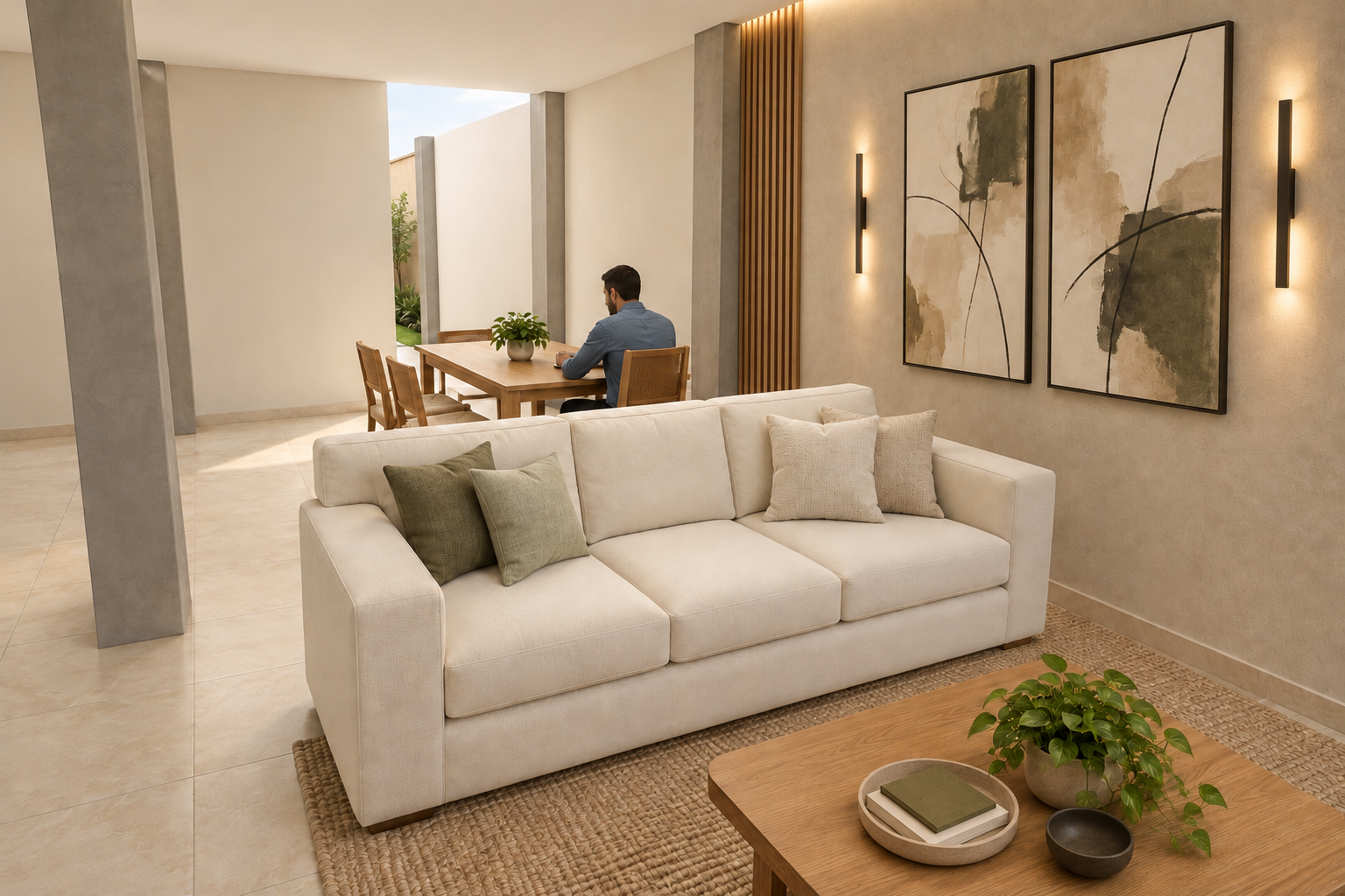 Presentación realista de la sala de Las Brisas, con tonos cálidos y acabados en madera